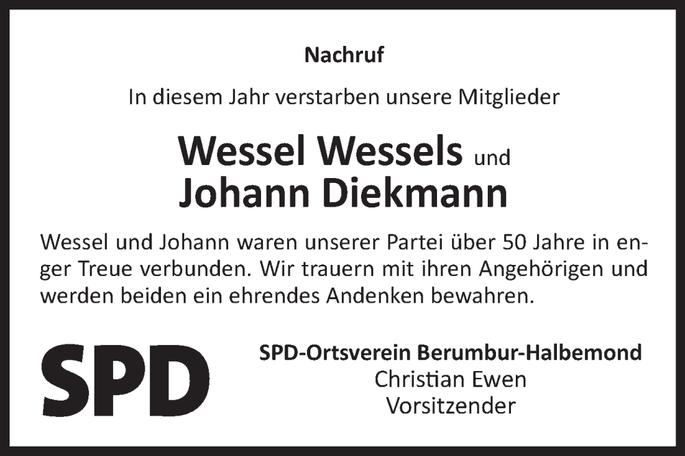  Traueranzeige für Johann Diekmann vom 27.12.2025 aus Ostfriesischer Kurier GmbH
