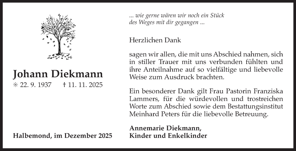  Traueranzeige für Johann Diekmann vom 20.12.2025 aus Ostfriesischer Kurier GmbH