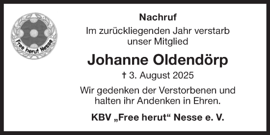 Traueranzeige von Johanne Oldendörp von Ostfriesischer Kurier GmbH