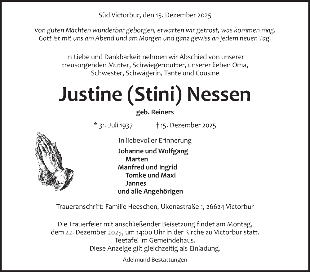  Traueranzeige für Justine Nessen vom 20.12.2025 aus Ostfriesischer Kurier GmbH