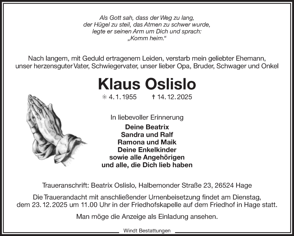  Traueranzeige für Klaus Oslislo vom 17.12.2025 aus Ostfriesischer Kurier GmbH