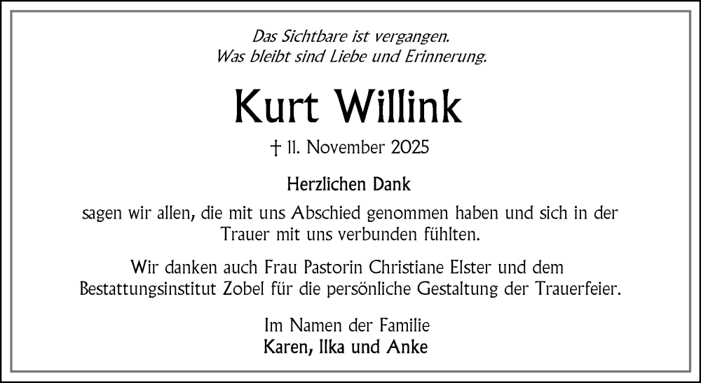  Traueranzeige für Kurt Willink vom 20.12.2025 aus Ostfriesischer Kurier GmbH