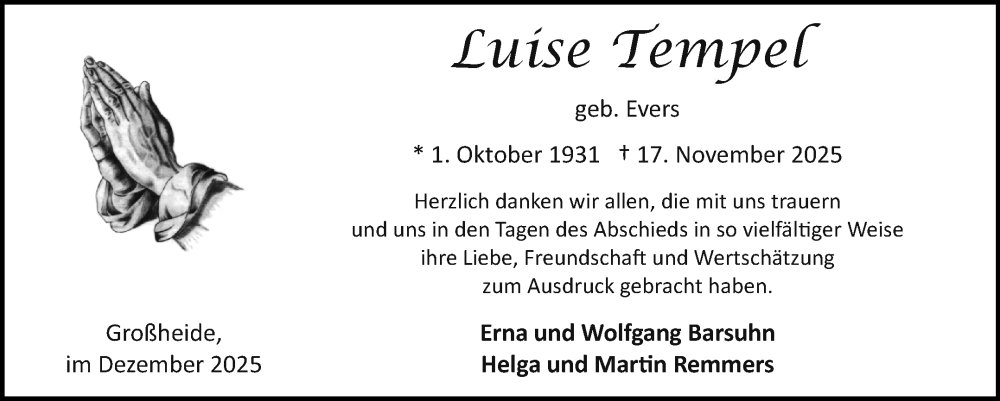  Traueranzeige für Luise Tempel vom 13.12.2025 aus Ostfriesischer Kurier GmbH