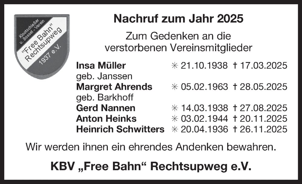  Traueranzeige für Margret Ahrends vom 27.12.2025 aus Ostfriesischer Kurier GmbH