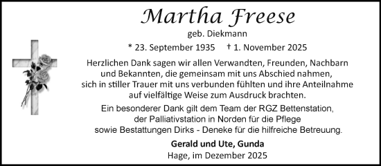 Traueranzeige von Martha Freese von Ostfriesischer Kurier GmbH