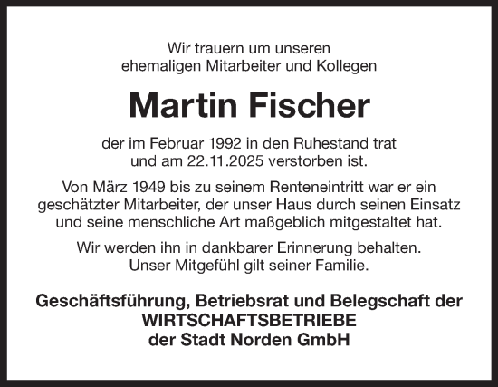 Traueranzeige von Martin Fischer von Ostfriesischer Kurier GmbH