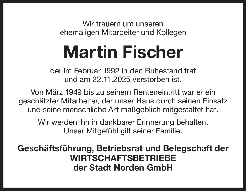  Traueranzeige für Martin Fischer vom 10.12.2025 aus Ostfriesischer Kurier GmbH