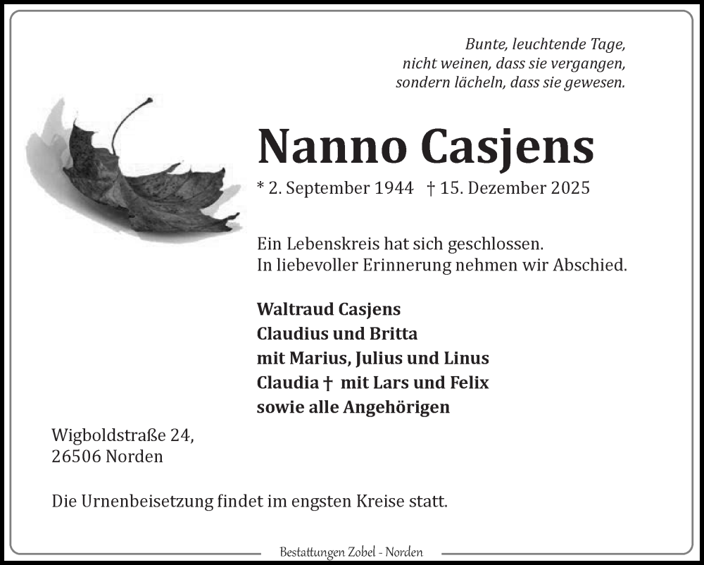  Traueranzeige für Nanno Casjens vom 20.12.2025 aus Ostfriesischer Kurier GmbH