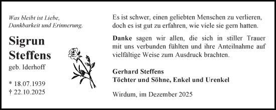 Traueranzeige von Sigrun Steffens von Ostfriesischer Kurier GmbH