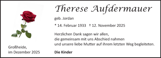 Traueranzeige von Therese Aufdermauer von Ostfriesischer Kurier GmbH