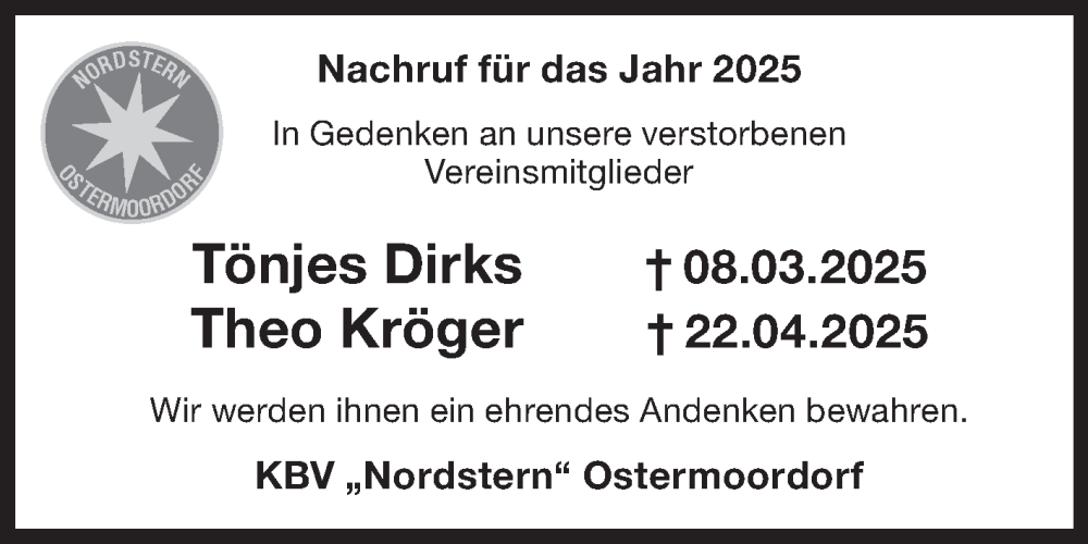  Traueranzeige für Tönjes Dirks vom 31.12.2025 aus Ostfriesischer Kurier GmbH