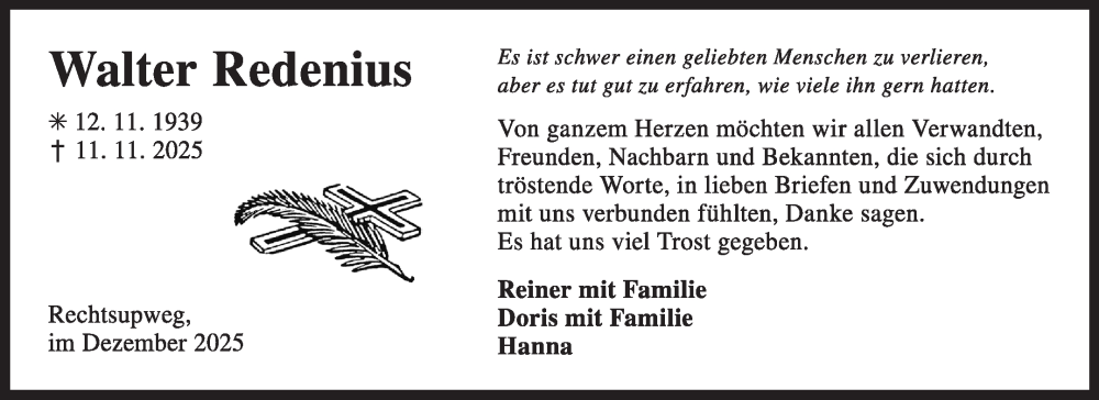  Traueranzeige für Walter Redenius vom 20.12.2025 aus Ostfriesischer Kurier GmbH