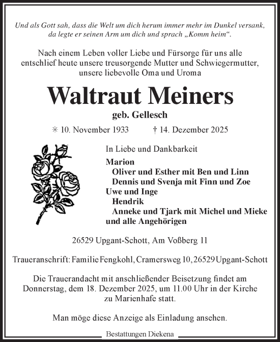 Traueranzeige von Waltraut Meiners von Ostfriesischer Kurier GmbH