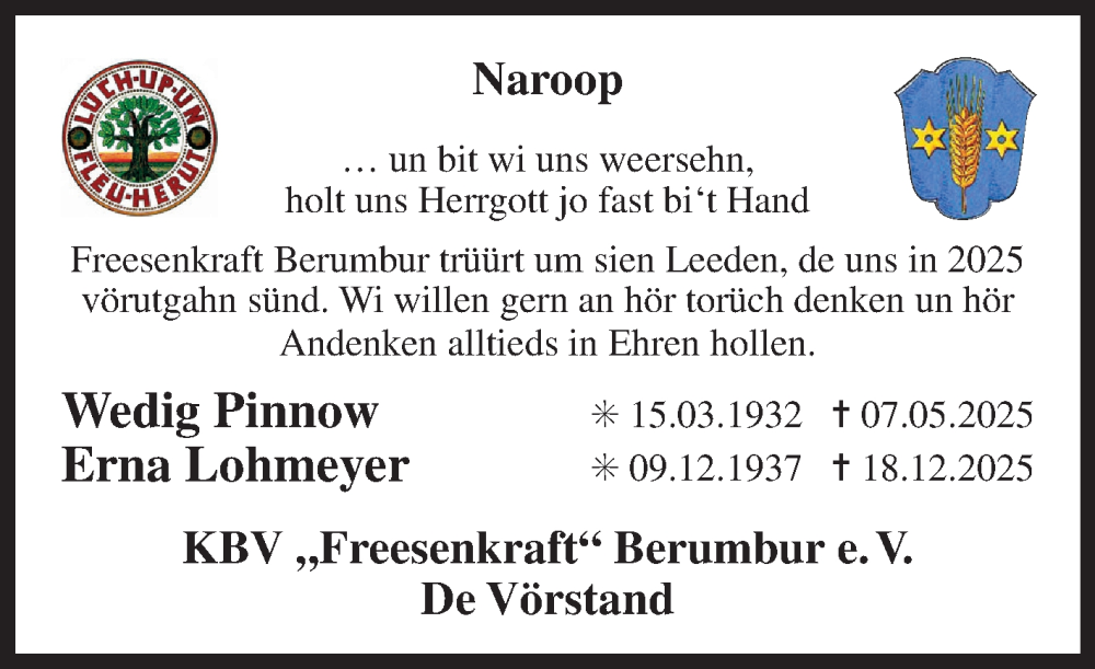  Traueranzeige für Wedig Pinnow vom 31.12.2025 aus Ostfriesischer Kurier GmbH