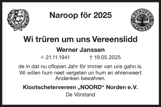 Traueranzeige von Werner Janssen von Ostfriesischer Kurier GmbH