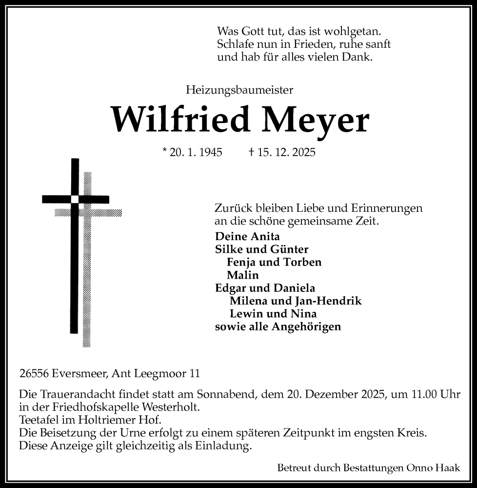  Traueranzeige für Wilfried Meyer vom 17.12.2025 aus Ostfriesischer Kurier GmbH