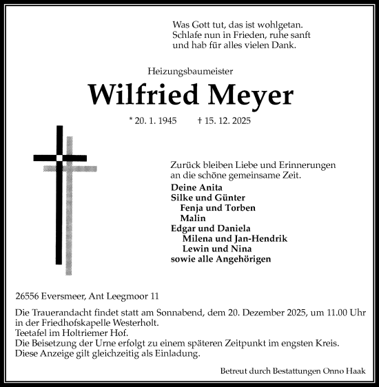 Traueranzeige von Wilfried Meyer von Ostfriesischer Kurier GmbH
