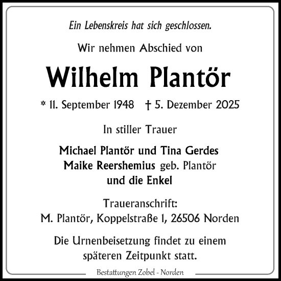 Traueranzeige von Wilhelm Plantör von Ostfriesischer Kurier GmbH