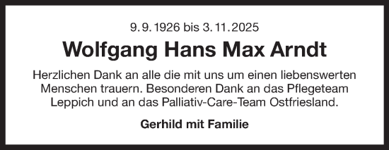 Traueranzeige von Wolfgang Hans Max Arndt von Ostfriesischer Kurier GmbH