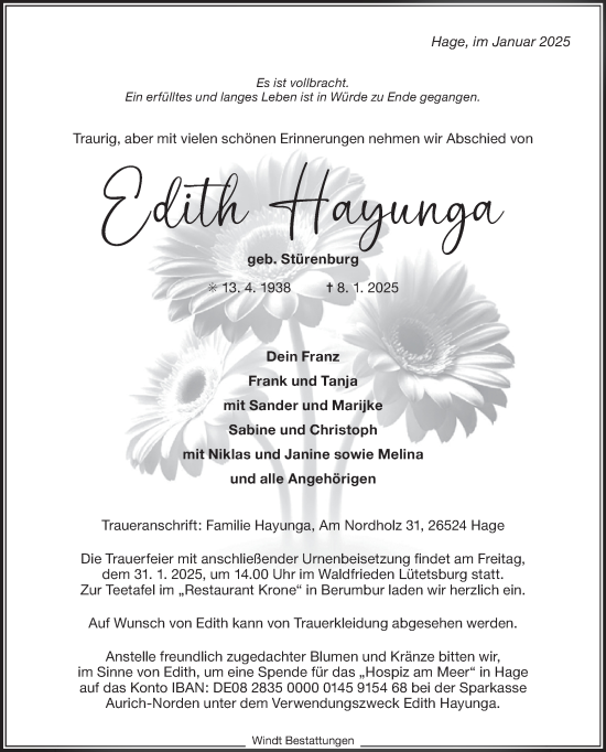 Traueranzeige von Edith Hayunga von Ostfriesischer Kurier GmbH