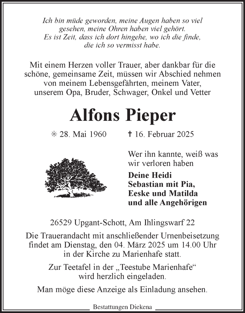  Traueranzeige für Alfons Pieper vom 18.02.2025 aus Ostfriesischer Kurier GmbH