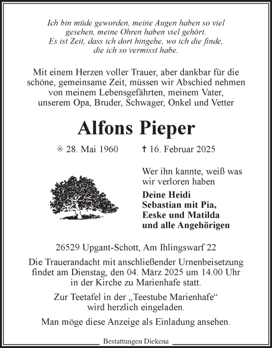 Traueranzeige von Alfons Pieper von Ostfriesischer Kurier GmbH