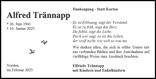 Traueranzeige von Alfred Trännapp von Ostfriesischer Kurier GmbH