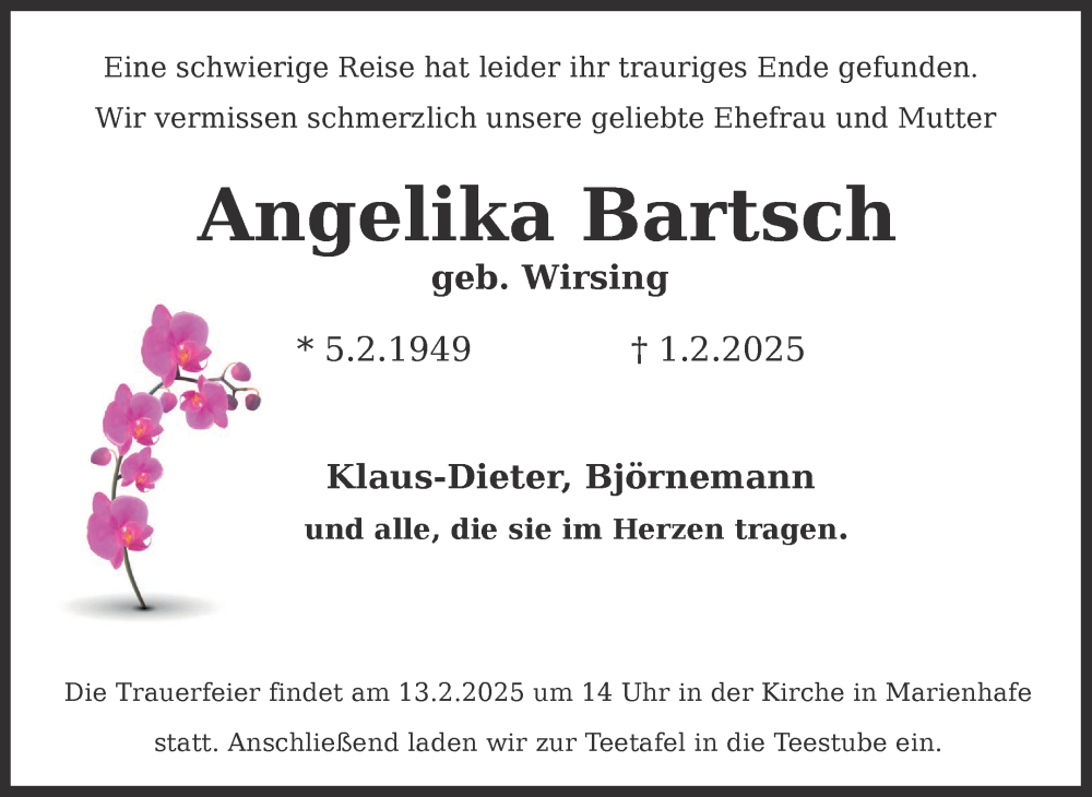  Traueranzeige für Angelika Bartsch vom 11.02.2025 aus Ostfriesischer Kurier GmbH