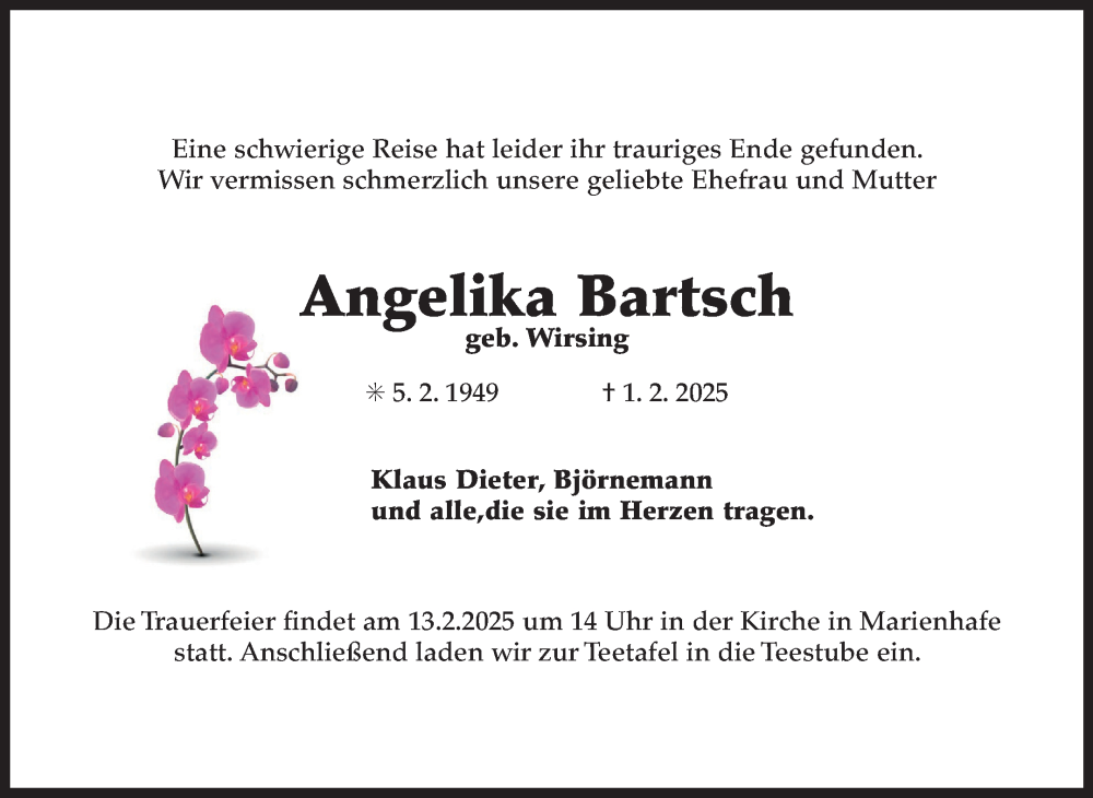  Traueranzeige für Angelika Bartsch vom 08.02.2025 aus Ostfriesischer Kurier GmbH