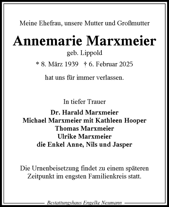 Traueranzeige von Annemarie Marxmeier von Ostfriesischer Kurier GmbH