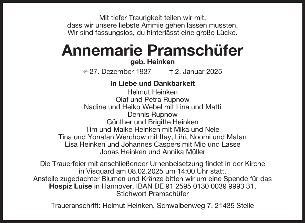  Traueranzeige für Annemarie Pramschüfer vom 01.02.2025 aus Ostfriesischer Kurier GmbH