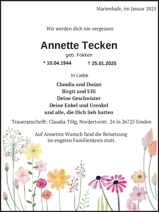 Traueranzeige von Annette Tecken von Ostfriesischer Kurier GmbH