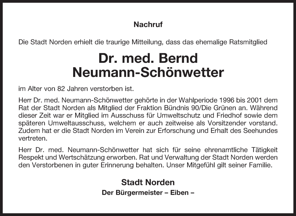  Traueranzeige für Bernd Neumann-Schönwetter vom 05.02.2025 aus Ostfriesischer Kurier GmbH