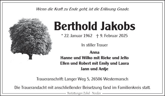 Traueranzeige von Berthold Jakobs von Ostfriesischer Kurier GmbH