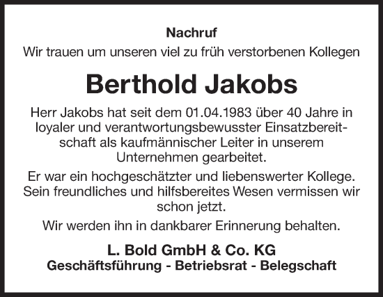Traueranzeige von Berthold Jakobs von Ostfriesischer Kurier GmbH
