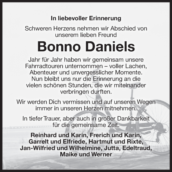 Traueranzeige von Bonno Daniels von Ostfriesischer Kurier GmbH