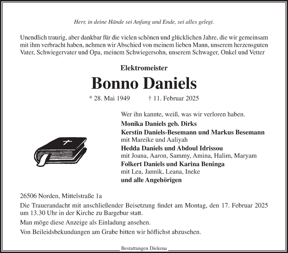  Traueranzeige für Bonno Daniels vom 14.02.2025 aus Ostfriesischer Kurier GmbH
