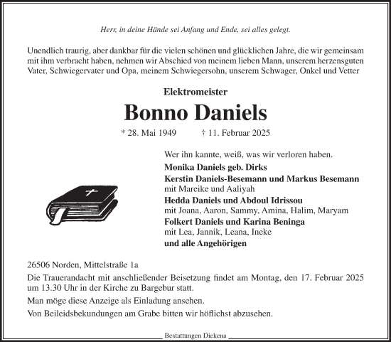 Traueranzeige von Bonno Daniels von Ostfriesischer Kurier GmbH