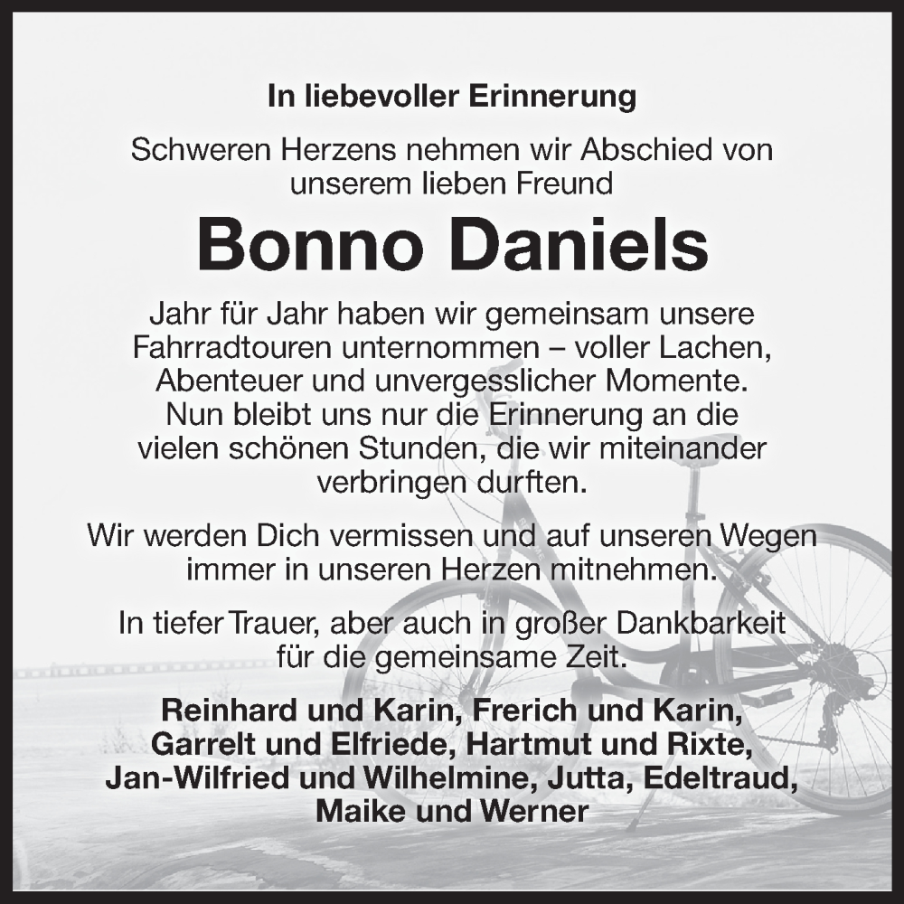  Traueranzeige für Bonno Daniels vom 15.02.2025 aus Ostfriesischer Kurier GmbH
