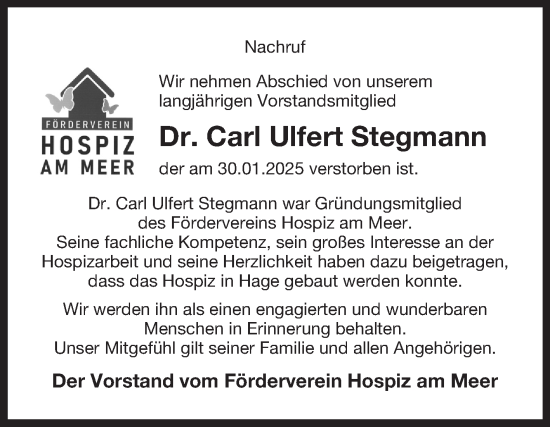 Traueranzeige von Carl Ulfert Stegmann von Ostfriesischer Kurier GmbH