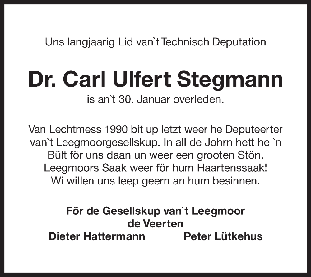  Traueranzeige für Carl Ulfert Stegmann vom 06.02.2025 aus Ostfriesischer Kurier GmbH