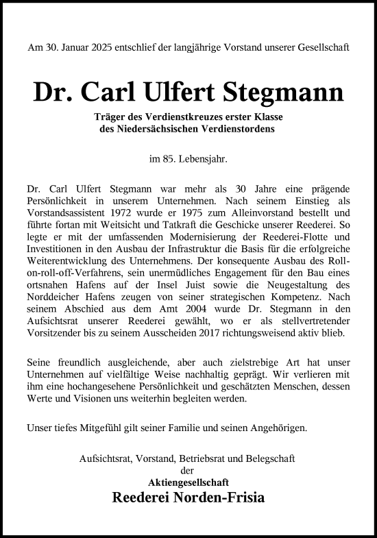 Traueranzeige von Carl Ulfert Stegmann von Ostfriesischer Kurier GmbH