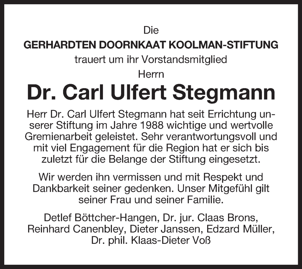  Traueranzeige für Carl Ulfert Stegmann vom 06.02.2025 aus Ostfriesischer Kurier GmbH
