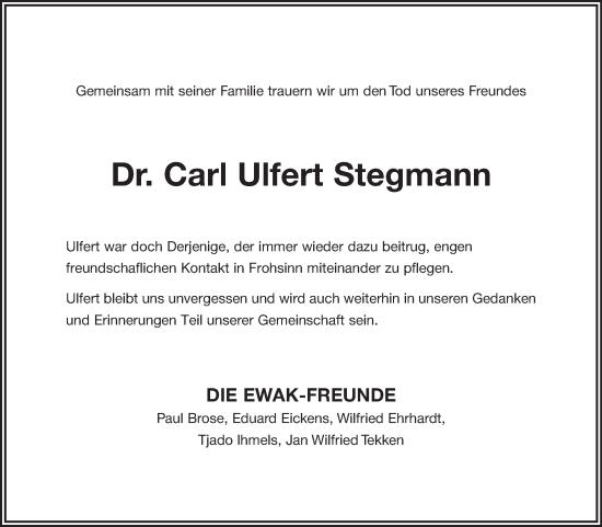 Traueranzeige von Carl Ulfert Stegmann von Ostfriesischer Kurier GmbH