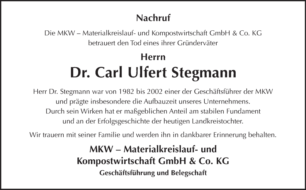  Traueranzeige für Carl Ulfert Stegmann vom 05.02.2025 aus Ostfriesischer Kurier GmbH