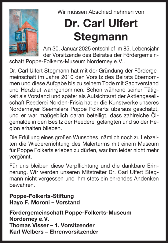 Traueranzeige von Carl Ulfert Stegmann von Ostfriesischer Kurier GmbH
