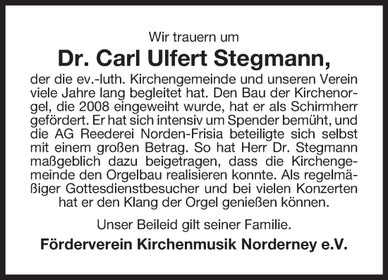 Traueranzeige von Carl Ulfert Stegmann von Ostfriesischer Kurier GmbH