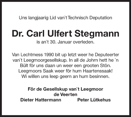 Traueranzeige von Carl Ulfert Stegmann von Ostfriesischer Kurier GmbH