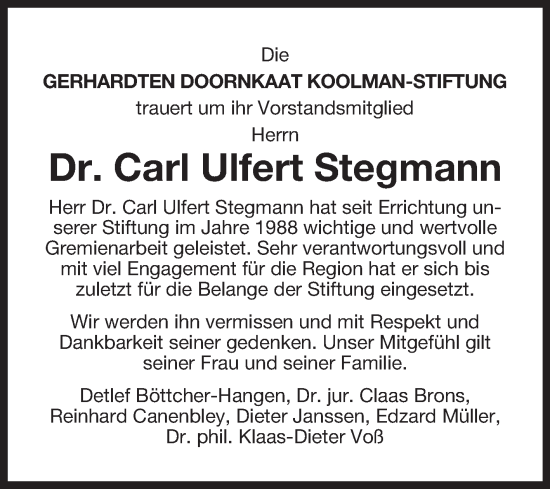 Traueranzeige von Carl Ulfert Stegmann von Ostfriesischer Kurier GmbH