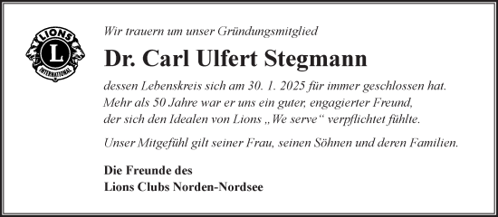 Traueranzeige von Carl Ulfert Stegmann von Ostfriesischer Kurier GmbH